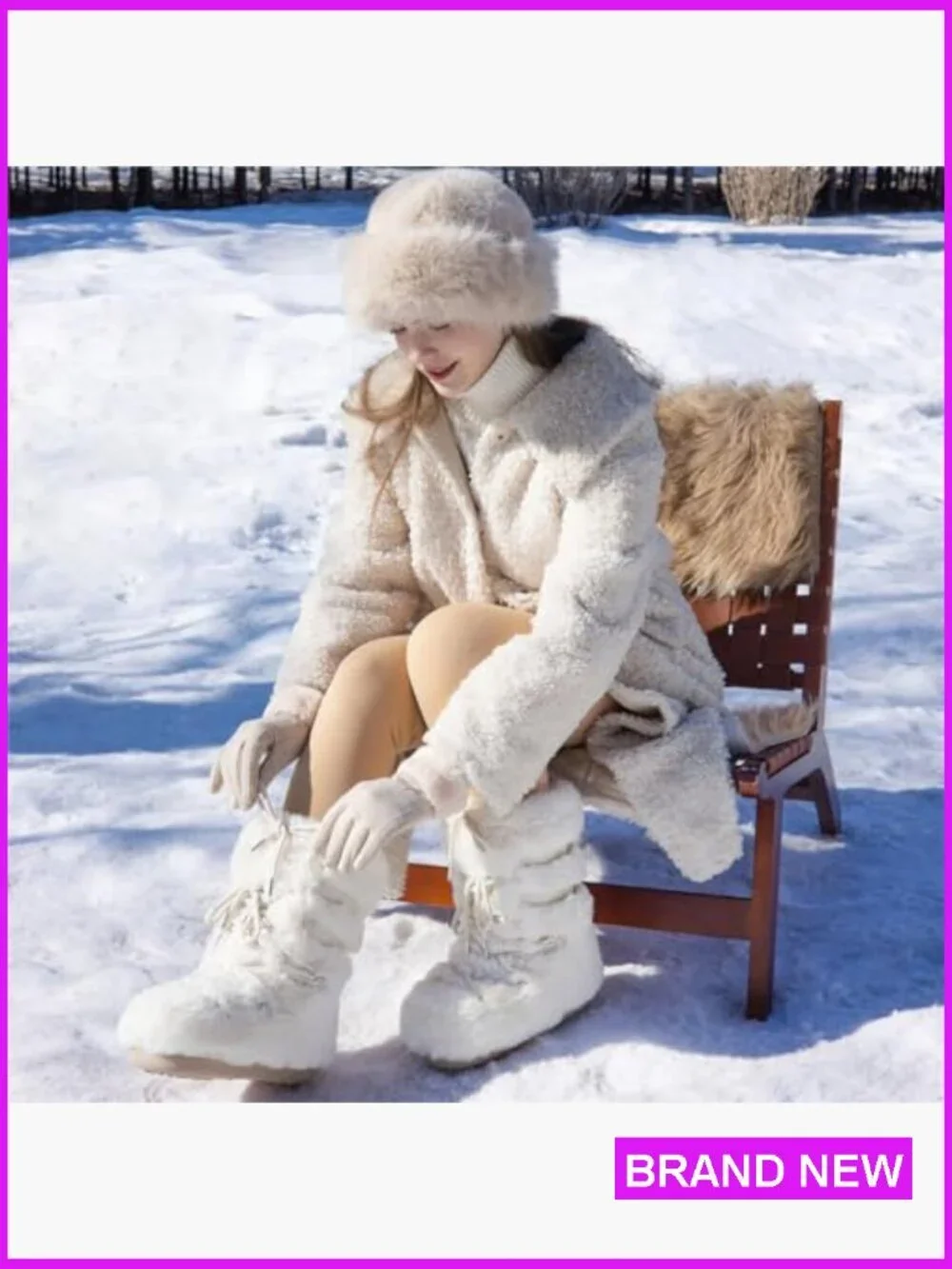 Faux Fur Snow Boots Mid-Calf Fluffy Furry Winter Warm Platform Lace-Up